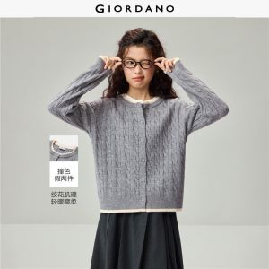 Giordano Beau Monde Women Contrast trim cable knit cardigan Free Shipping 13356616