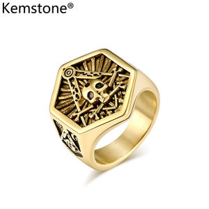 Kemstone Stainless Steel Freemasonry G Ring Vintage Silver Gold Plated Black Mens Rings Jewelry
