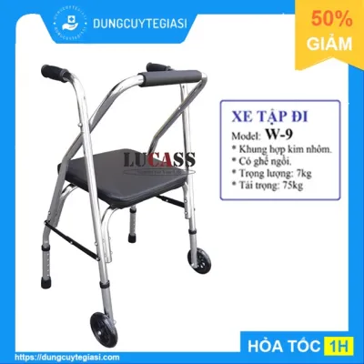 Khung tập Đi 2 Bánh Có Ghế ngồi Lucass W-9 (W9) (Có Thể Tăng Giảm Chiều Cao)-Dùng cho bệnh nhân phục hồi chức năng đi lại - Khung nhôm có ghế ngồi bọc da cho người già