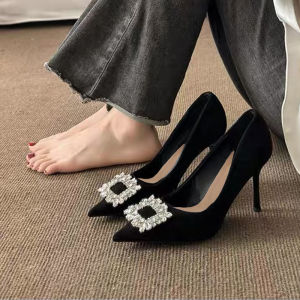 Free Shipping Black Elegant High Heels For Women Featuring A Slender Heel New Design With Rhinestone Embellishments Pointed Toe Suitable For Professional Work And Commuting