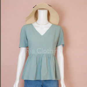 RAVEN Vneck Peplum Puff Sleeves Casual Office Blouse Korean BKK Trendy Top for Women Ria Clothing