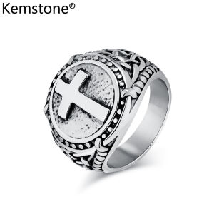 Kemstone แหวนกางเขนวินเทจของผู้ชายแผ่นทองสีดำสแตนเลสเครื่องประดับแหวนเหล็ก