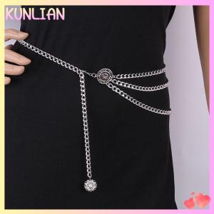 [KUNLIAN] เข็มขัดแฟชั่นสำหรับผู้หญิงสายรัดสะโพกเอวสูงสีทองเงินห่วงโซ่โลหะประดับคริสตัลขอบหนาและขอบหนาสายโซ่รัดเอว