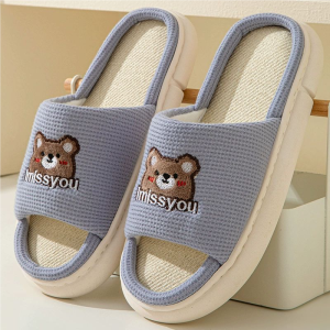 New Cute Animal Print Linen House Slippers for Women Comfortable Anti-Slip Indoor Sandals