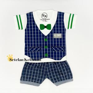 COD Setelan anak laki laki 0-12bulan rompi kotak biru tuxedo jas pesta bayi murah katun premium import