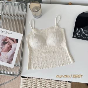 ZEEMIN French Lace Deep V-neck Tank Tops Small Women Backless Outer Wear Inner Wear Short Base Shirt Top with Chest Pad