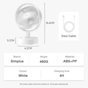 Simplus Mini Desktop Fan  Portable Fan  Stepless Speed Control  Wide-Angle  16h Runtime 4000Mah  Type-C Charging