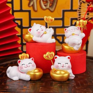 SORROWFULZD Cute Lucky Wealth Cat Statue Mascot Chinese Style Fortune Kitten Figurine Animal Figurines Resin Crafts Mini Cat Figurine Home New Year Gift