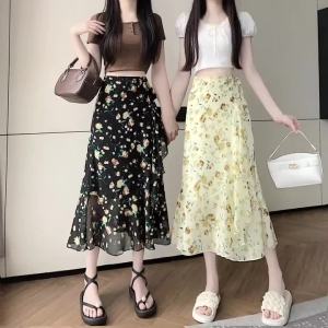 Summer  Floral Chiffon Skirt Women Elegant Wrap Hemline Ruffled Midi Skirt With Tie Waist