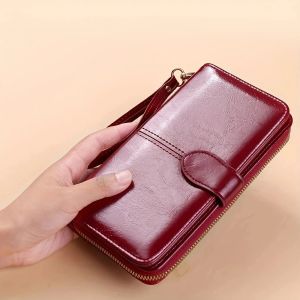 Womens Vintage Oil Wax PU Leather Clutch Wallet Female Large Capacity Phone Purse Ladies Wristband Simple Card Holder Pouch Bag