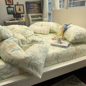 ins Pastoral Fresh Leaf Four-Piece Set All Cotton Pure Cotton 1.5m1.8 Rice Quilt Cover Bed Sheet Student Dormitory Three-Piece Set LZD