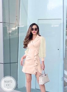SS072 Dress เดรสสั้นผ้าซาร่า แขนพองซีทรูทรงตุ๊กตา ปลายแขนติดกระดุมใช้งานได้