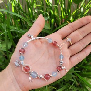 Q194 Lắc bạc đá Aquamarine mix Thạch Anh Dâu Hồng Hỏa và Thổ - Phong Thuỷ TUDO