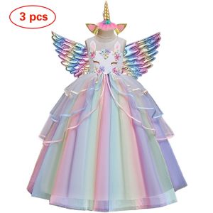 3pcs Anak Gadis Unicorn Gaun +Wing+Headband Set Halloween Girl Princess Dress