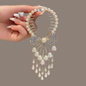 1PC Elegant Pearl Hair Rhinestone Tassel Shark Clip Alloy Ponytail Buckle Hairband Hair Clip Head Claw Pill Head Ponytail Buckle