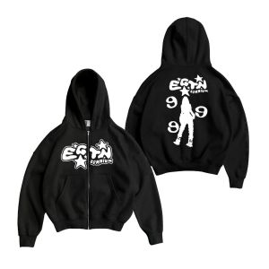 Hoodie Boxy Pullover Zipper Art Black Walk - Hitam