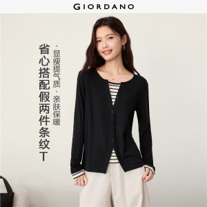 Giordano Women Fake two-piece striped panel long sleeve tee Free Shipping 05326799