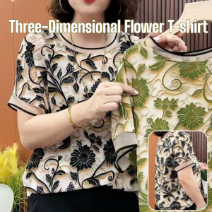 Womens T-Shirt Summer Three-Dimensional Flower Retro Short-Sleeved Top Fashion Woman Tshirt Breathable Comfortable Mothers Day Gift