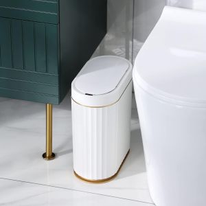 ELPHECO Bathroom Trash Can with Lid 2 Gallon Sensor Garbage Can Automatic Trash Bin Motion Sensor Trash Can IPX5 Waterproof Plastic Wastebasket for Bathroom Bedroom Kitchen Office White Gold