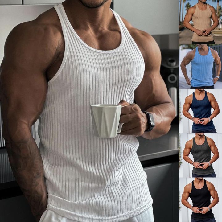 Mens High Neck Sleeveless Knitted Vest T Shirts Slim Fit Muscle