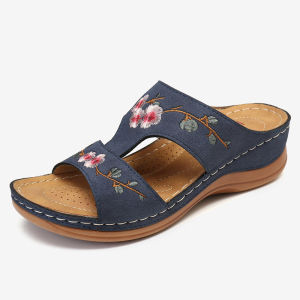 Atikota Women Embroidered Flower Sandals Retro Style Non-slip Wear-resistant Thick Sole Comfortable Wedges Sandal
