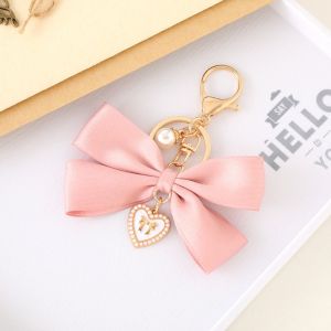 PICKIT Fabric Ribbon Bow Heart Pendant Keychain Heart DIY Anti-Lost Keyring Cute Hanging Ornament