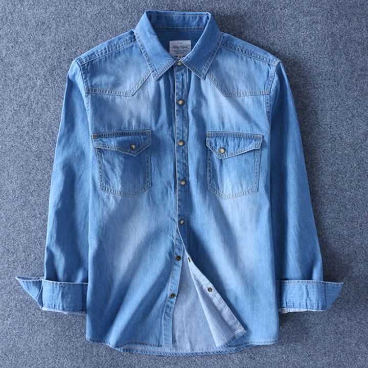 Fashion Men Denim Shirt Thin Long Sleeve Soft Cotton Double