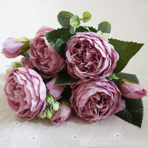 [Timmo House]30cm Rose Pink Silk Bouquet Peony Tea Rose Artificial Flowers 5 Big Heads 4 Small Bud Bride Wedding Home Decoration DIY Home Garden Wedding Decoration