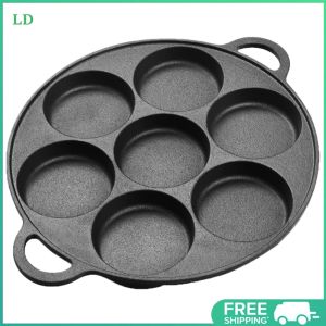 COD [Free Shipping] Heavy Duty Cast Iron 7 Hole Frying Pan Non-Stick Omelet Pan for Breakfast Cooking Durable Black Kitchenware