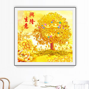 D659 DIY Diamond Painting Full Pohon Uang emas poeny bisnis booming 50x50 cm