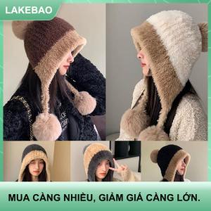 【LAKEBAO】 Fluffy sang trọng phụ nữ Beanie cap mùa đông ấm áp lớn Pompom dệt kim tai bảo vệ hat Windproof tuyết trượt tuyết nữ earmuffs mũ