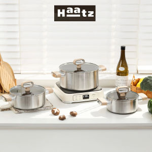 Bộ nồi Titanium Aura Haatz 3 size 18/20/24cm chất liệu Inox 316 phủ titanium chống dính cao cấp dùng cho mọi loại bếp - Bảo hành 5 năm