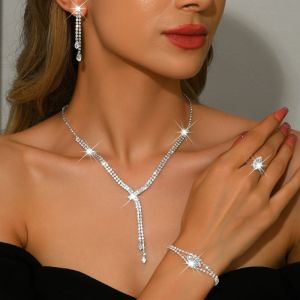 PERCEPT 4PC Luxury Rhinestone Jewelry Set Sparkling Simple Womens Fashion Jewelry Kit Chic Exquisite Necklace Earrings Bracelet Ring Set Wedding