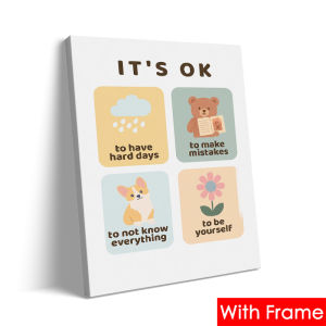 (with Frame) I Am I Can Its OK Kids Inspirational Wall Painting Cute Cartoon Animal Positive Quotes Print for Nursery Room Home Decoration