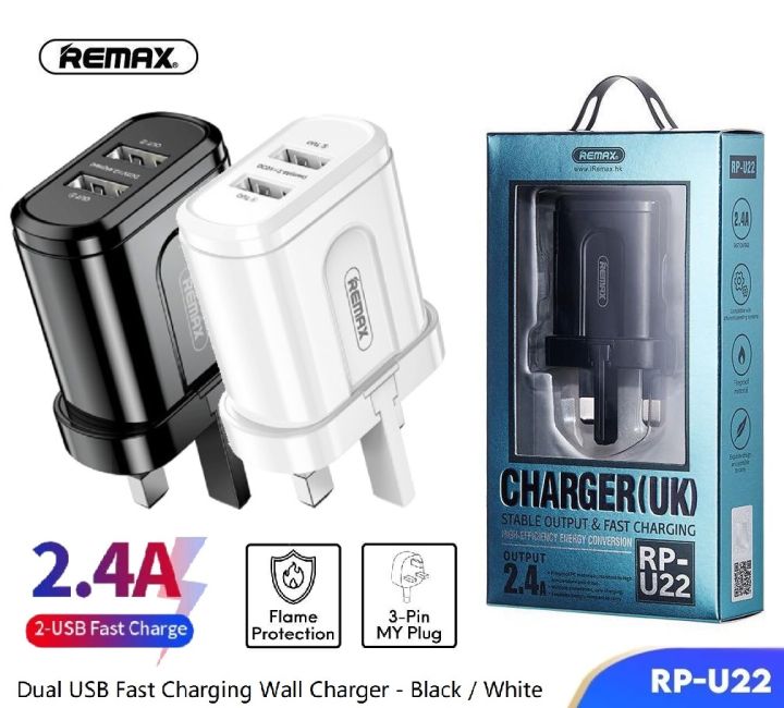 Original Remax Charger 2.4A Dual Port Fast Charging Adapter With Cable ...