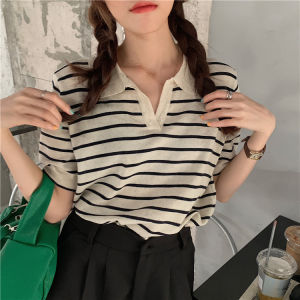 SIS Women T-shirt Fashion korean style stripe polo shirt for women knitted blouse