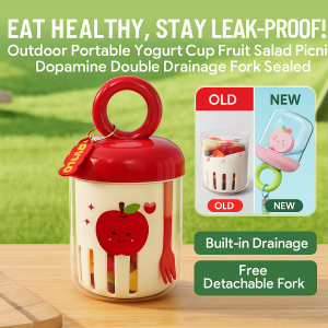 Dopamine Fruit Cup for All Seasons Outdoor Enthusiasts  Portable Double-layer Drainage Yogurt Salad Cup with Fork  Ideal for Camping and Picnics