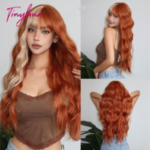 Xoăn màu cam đồng gừng Ombre Tóc vàng dài gợn sóng Tóc giả có mái bằng cho phụ nữ Cosplay Giáng sinh Tóc giả chịu nhiệt2026