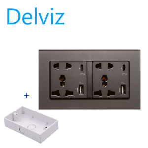 Delviz Type-C interface socket 146mm*86mm tempered glass frame socket (US/US/EU) wall power USB C port fast charging socket 18W 3100mA smart fast charging.
