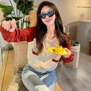 French Retro Color Block Raglan Sleeve Crochet Cardigan for Women New Double Pocket Turn-Down Collar Small Lazy Style Soft Sweater Knitted