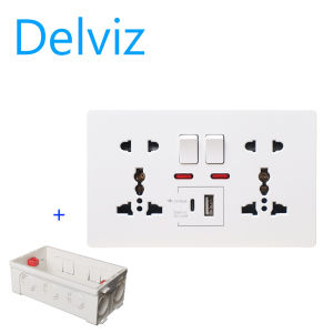 Delviz EU/UK/US 5 hole wall mounted C socket smart fast charging socket. 1A/1C Charging node. Power socket size 146mm * 86mm. With junction box.