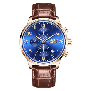 LIGE Quartz Watches Men 100% Original Leather Strap Waterproof Chronograph Sports Watch + Box