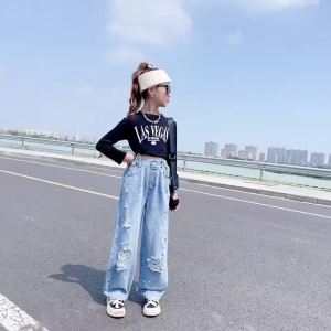 Quần Jean Ống Rộng Rách Gối Phong Cách Hàn Quốc Thời Trang Xuân Thu Kiểu Mới Cho Bé Gái 3-5 - 8-10 - 12-13 Tuổi061