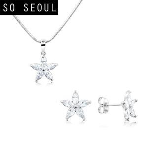 SO SEOUL Leilani Flower Diamond Simulant Cubic Zircon Stud Earrings with Pendant Chain Necklace Gift Set