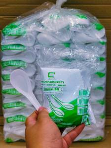 ช้อนข้าว ช้อนสั้น พลาสติก เล็ก สีขาวขุ่น - ใส ยี่ห้อSB ยกหิ้ว 25 แพค