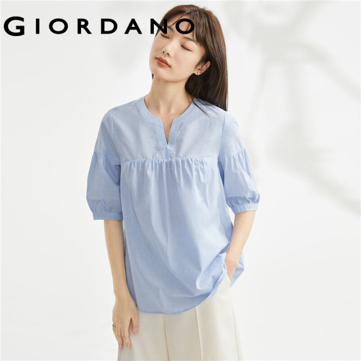 GIORDANO Women Shirts Pleated Puff Sleeve Fashion Blouses V-Neck