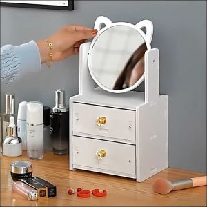 Cat Ear Makeup Mirror With Jewelry Compartment Drawer Cosmetic Organizer Table Cabinet Decor Storage