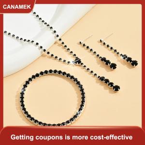 【CANAMEK 】 4Pcs Fashion Bride Wedding Jewelry Set Rhinestone Necklace Earring Bracelet Set Women Banquet Jewelry Accessories