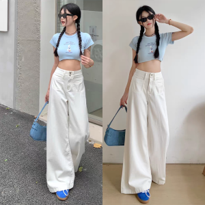 White wide-leg jeans for women new summer high waist loose lazy style drape mopping straight pants