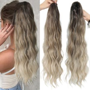 XINSU38 Ombre Brown Blonde Claw Clip Ponytail Wig Synthetic Hair Extensions Ponytail Extension Hair Accessories Fluffy Long Curly Wavy Hairpiece Women